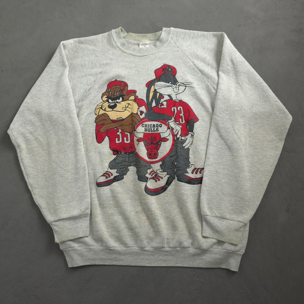 Vintage 90s Fruit of the Loom Grey Chicago Bulls Sweatshirt Large Looney Tunes